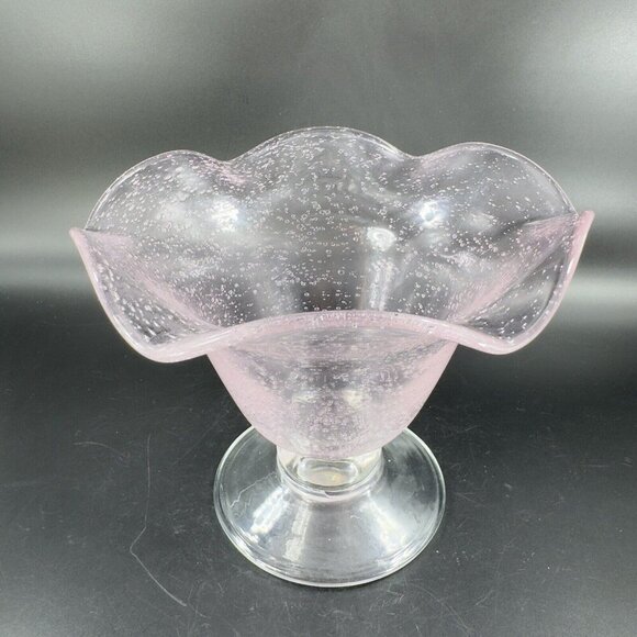 Art Glass Clear Footed Bowl Compote Pink Top With Small Bubbles Glass Decor - Picture 11 of 12
